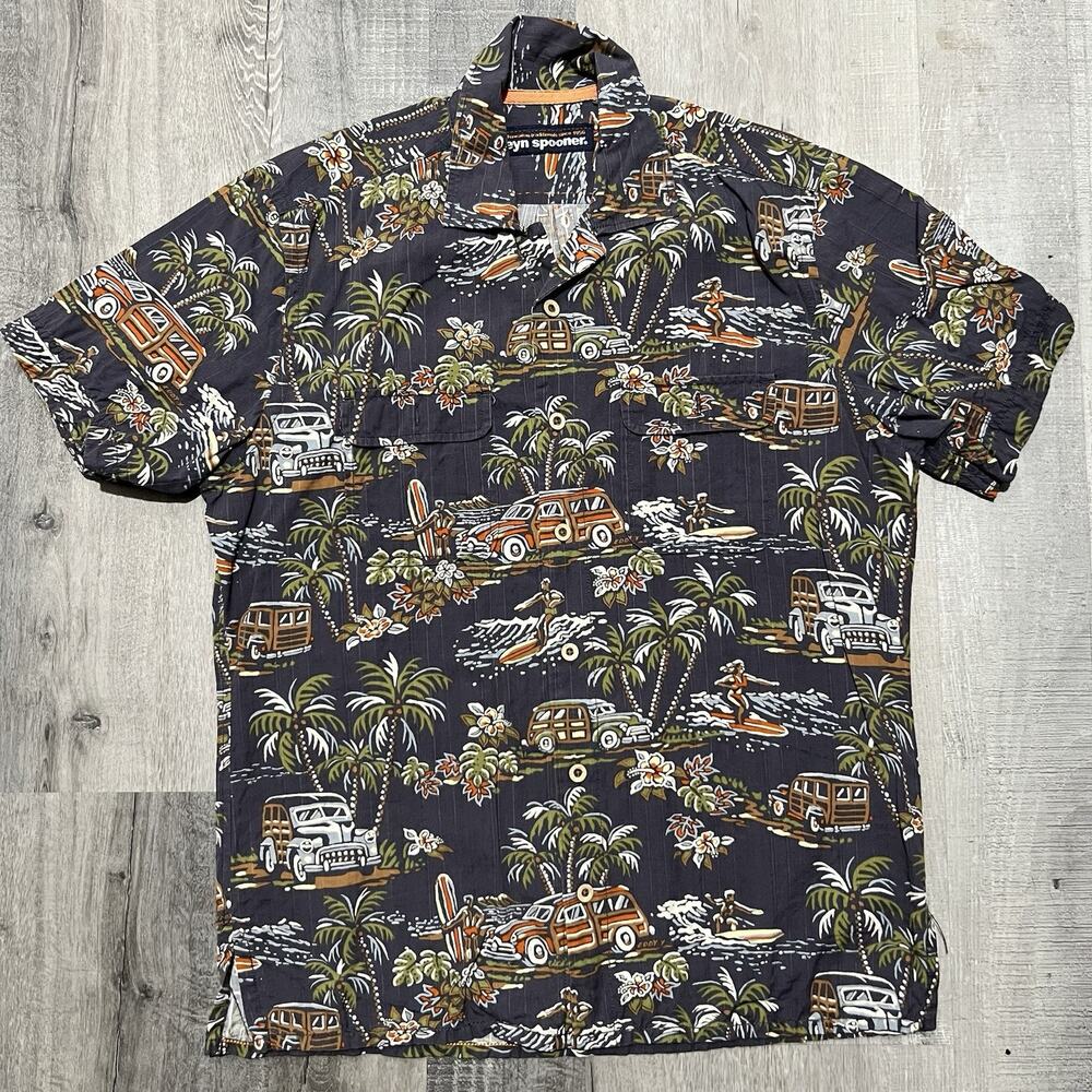 Reyn Spooner Grey Hawaiian Aloha Beach Mens Button Shirt Surfing Surf Shirt S